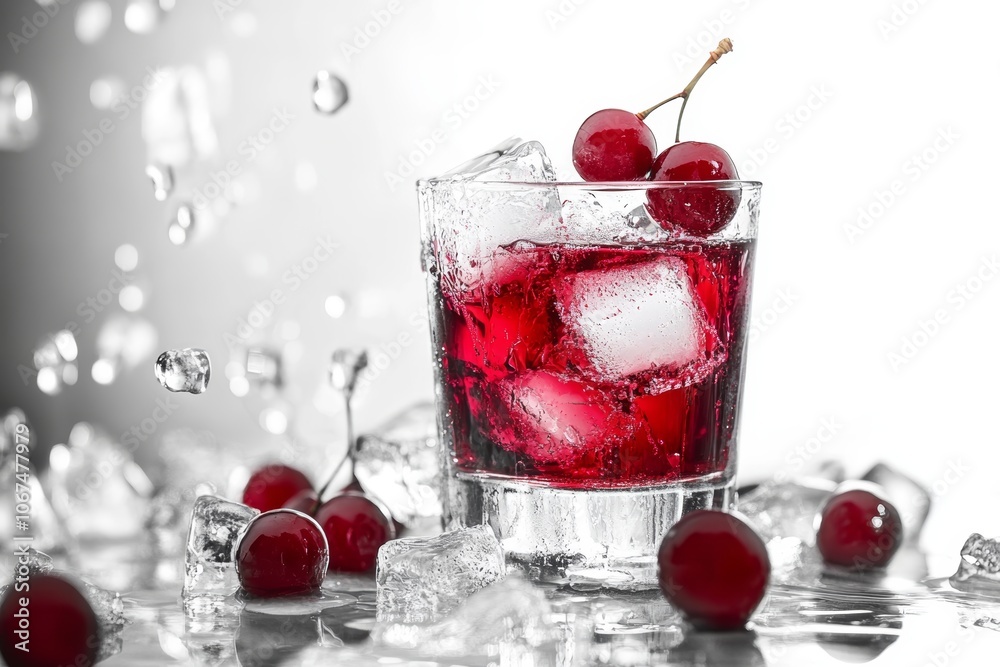 Refreshing cherry juice with ice cubes and splashing water drops Refreshing cherry juice with ice cubes and splashing water drops