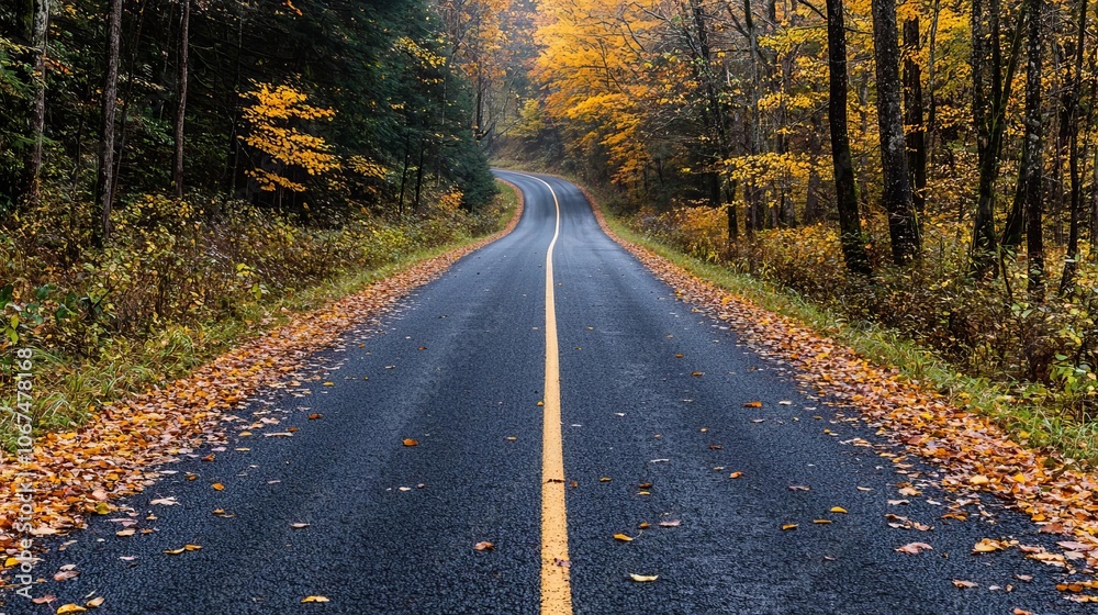 Obraz premium Narrow forest road lined with vibrant fall foliage, rustic charm with scattered leaves, misty morning ambiance, tranquil seasonal beauty