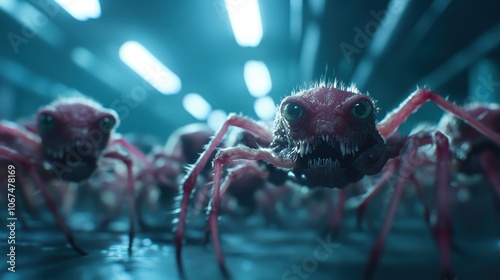 A depiction of otherworldly spider-like creatures under bluish illumination within a sci-fi setting, creating a sense of suspense and unfamiliarity. photo