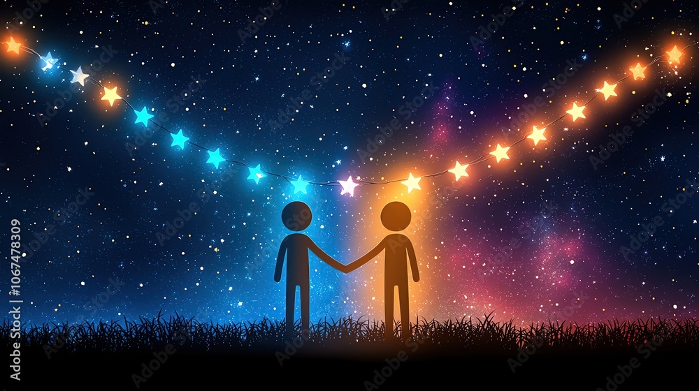 Obraz premium Couple under starry night holding hands. story concept meaning design celebration festive mood