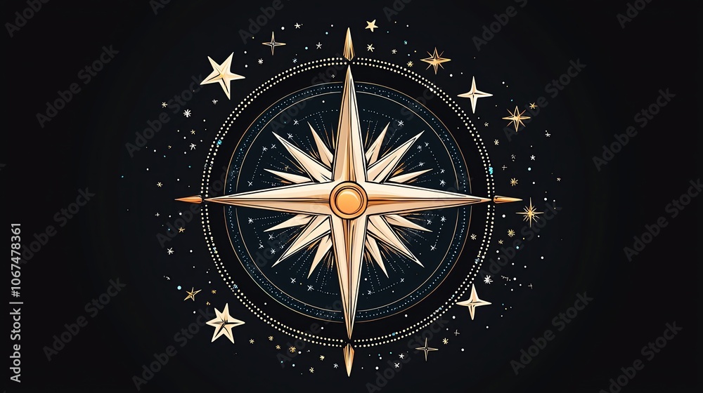 Compass design with stars, dark background. story concept meaning design celebration festive mood Compass design with stars, dark background. story concept meaning design celebration festive mood