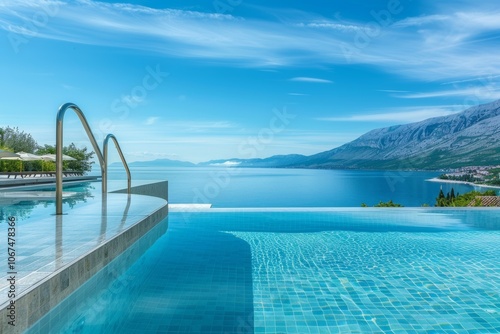 photo capturing an infinity pool at a luxury hotel in the coastal town of Makarska,