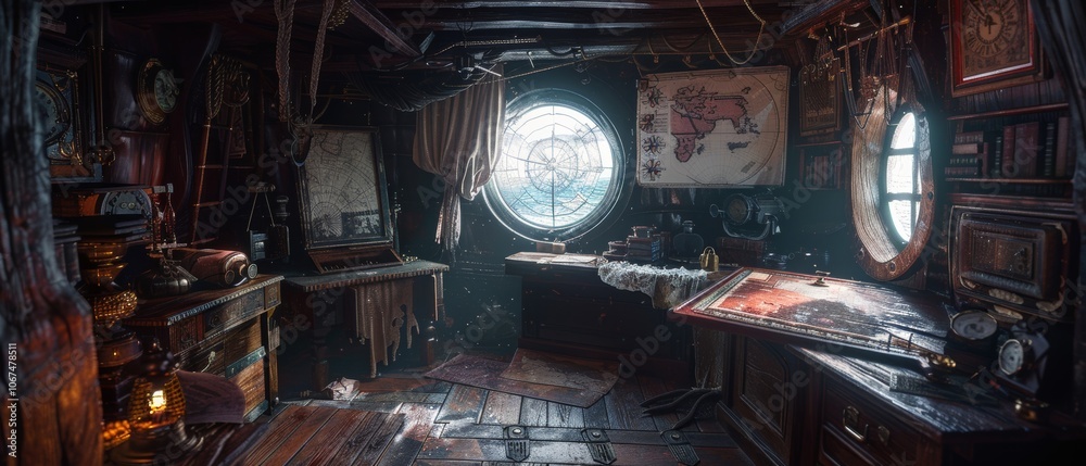 Naklejka premium photo capturing an intricately detailed illustration of a pirate captain's cabin, filled with maps