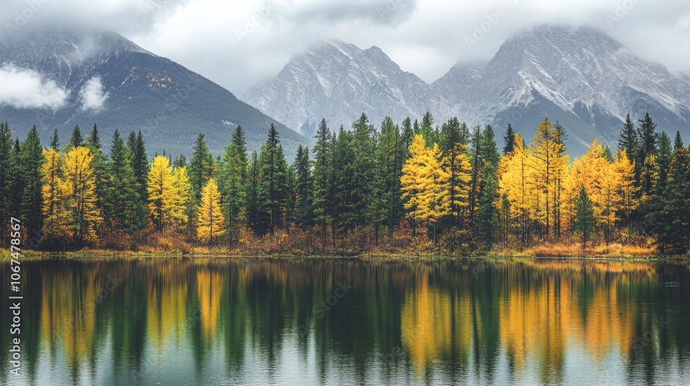 A serene landscape featuring autumn tree reflecting on a calm lake with mountain in the background. A serene landscape featuring autumn tree reflecting on a calm lake with mountain in the background.