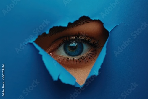 Beautiful woman s eye peering through a blue paper hole Glamorous beauty photo