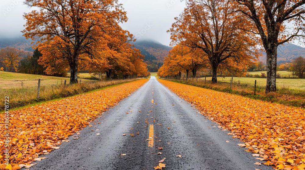Rural autumn road lined with old oak trees, warm orange and yellow leaves covering path, charming and nostalgic countryside scene Rural autumn road lined with old oak trees, warm orange and yellow leaves covering path, charming and nostalgic countryside scene