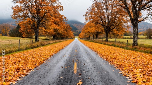 Wallpaper Mural Rural autumn road lined with old oak trees, warm orange and yellow leaves covering path, charming and nostalgic countryside scene Torontodigital.ca