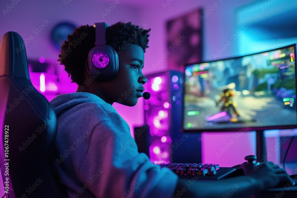 Black teenage gamer engaging in gameplay Black teenage gamer engaging in gameplay