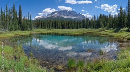 A serene landscape featuring a clear pond reflecting mountain and tree under a blue sky.