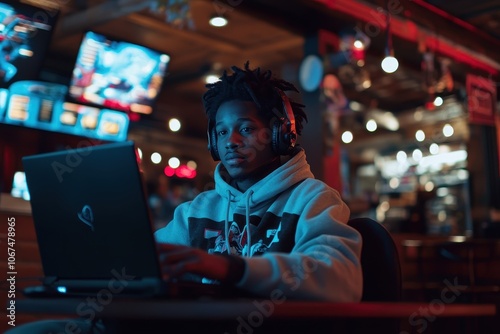 Black teenager gaming on a laptop with headphones in an empty cafe