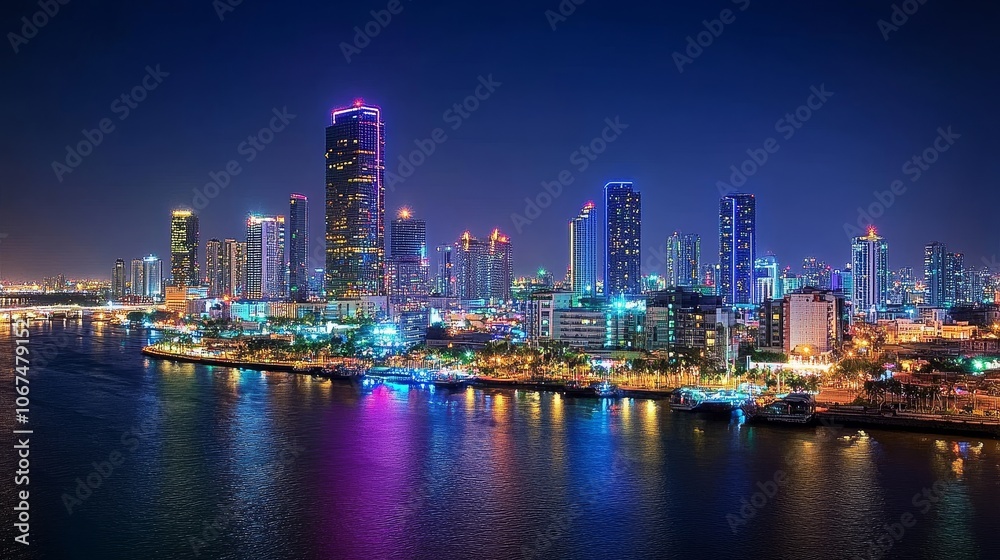 Vibrant city skyline at night reflecting on water, showcasing modern architecture and urban life. Vibrant city skyline at night reflecting on water, showcasing modern architecture and urban life.