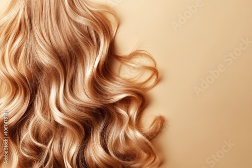 Blonde woman with long curly hair shot in a beige studio with empty space