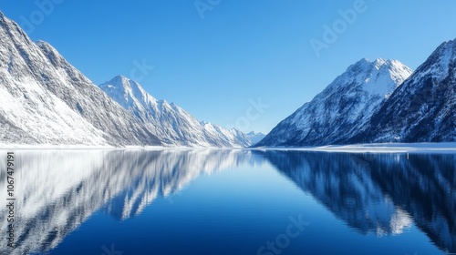 A serene landscape featuring snow-capped mountain reflecting on a calm blue lake under a clear sky.