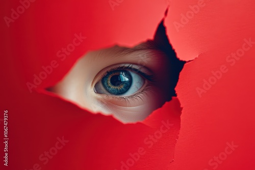 Boy peers through a hole in torn red paper photo