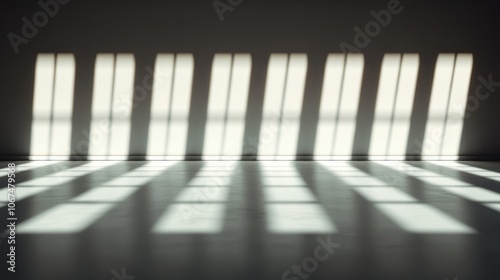 Square window patterns are projected onto a gray surface, creating a minimalist composition of light and shadow with a clean and structured appearance. photo