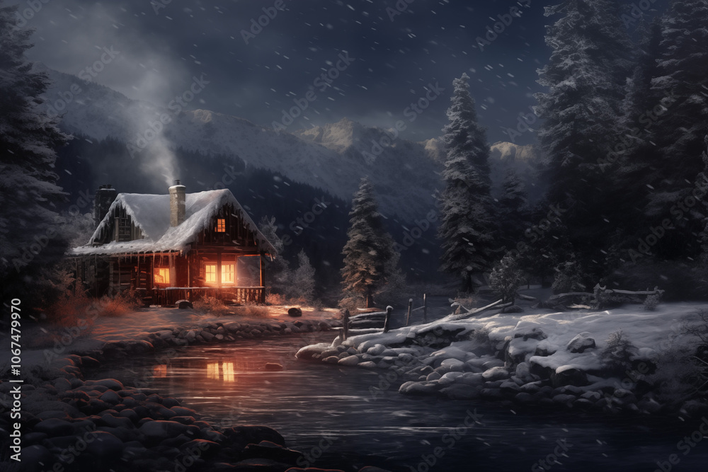 A cozy cabin surrounded by snow-covered trees, with warm light glowing from the windows under a starry night sky. A cozy cabin surrounded by snow-covered trees, with warm light glowing from the windows under a starry night sky.