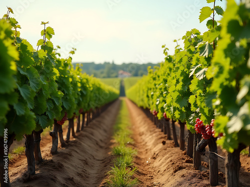 Vineyard backdrop of a red vine landscape with its lush green foliage and rich red grapes photo