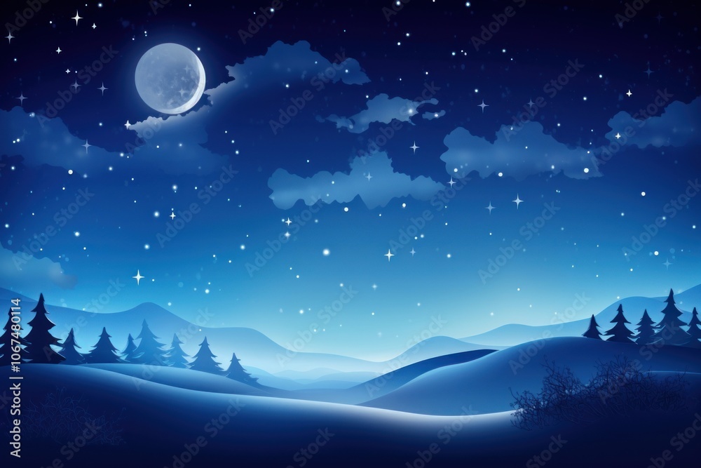 Obraz premium Santa Claus and four Rudolphs on a sleigh flying through the sky night moon landscape.
