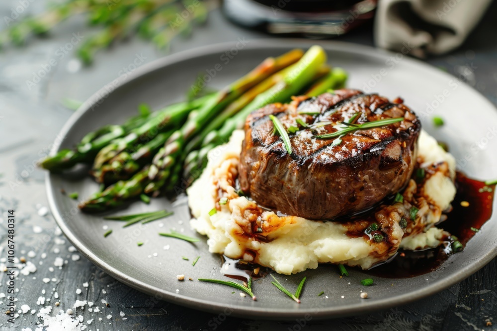A beautifully plated filet mignon with mashed potatoes and asparagus, copy space for text A beautifully plated filet mignon with mashed potatoes and asparagus, copy space for text