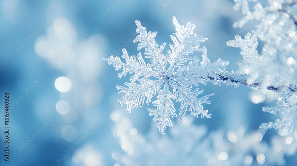 Close-up detail of a snowflake on a branch. Symmetrical macro crystal with side branches. Winter background. Illustration for cover, card, postcard, interior design, decor or print. Close-up detail of a snowflake on a branch. Symmetrical macro crystal with side branches. Winter background. Illustration for cover, card, postcard, interior design, decor or print.