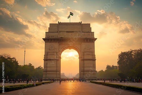 New Delhi, 31, July 2024 , India Gate is War Memorial Arch dedicated toall Indian soldiers who died in World War I located on Rajpath with Sunset in background,New Delhi, India, Asia
 photo