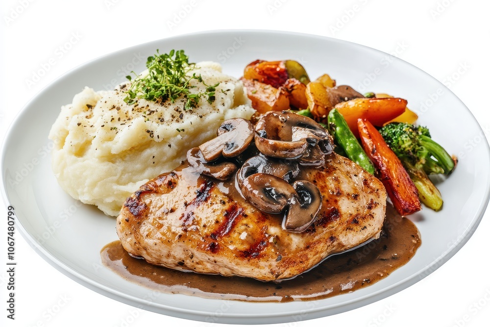 Chicken steak in mushroom sauce with mashed potatoes and vegetables on a white plate against a plain background Chicken steak in mushroom sauce with mashed potatoes and vegetables on a white plate against a plain background