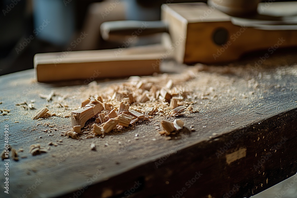 Close-up of wood shavings on a carpentry workbench Close-up of wood shavings on a carpentry workbench