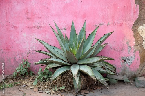 Close up of an aloe vera plant with thick green leaves and serrated edges in a home garden against a pink wall Berhampur Odisha July 7 2025 photo