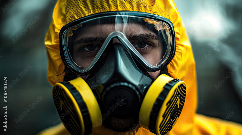 A person in a yellow hazmat suit and gas mask poses, highlighting a serious protective stance against environmental hazards. A person in a yellow hazmat suit and gas mask poses, highlighting a serious protective stance against environmental hazards.