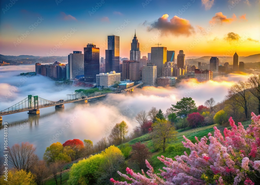 Obraz premium Pittsburgh Spring Foggy Cityscape AI Art