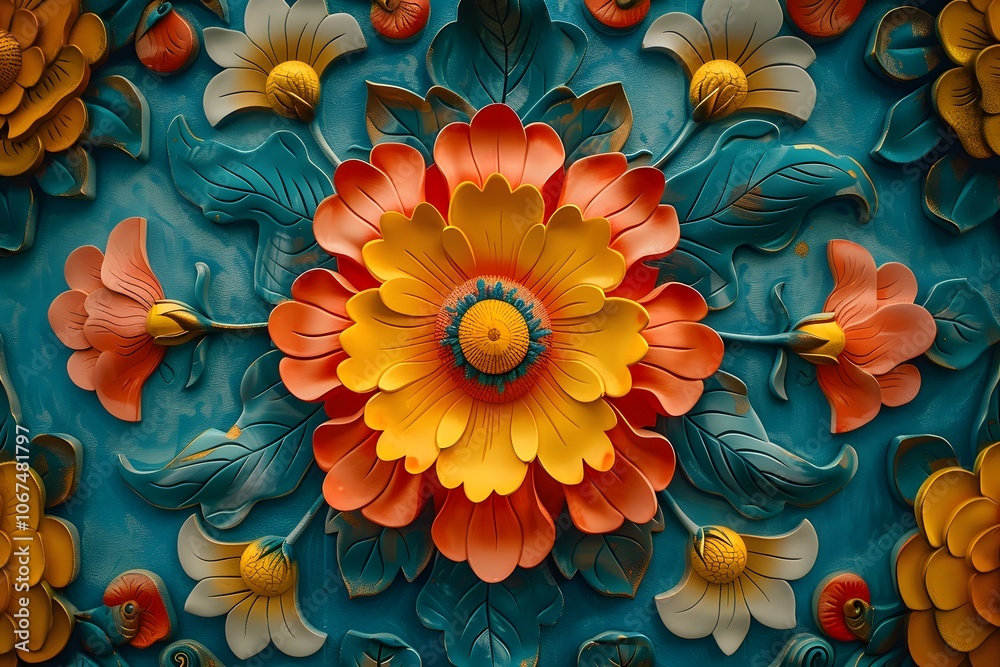 Vibrant Floral Relief Art with Intricate Details and Bold Colors Vibrant Floral Relief Art with Intricate Details and Bold Colors