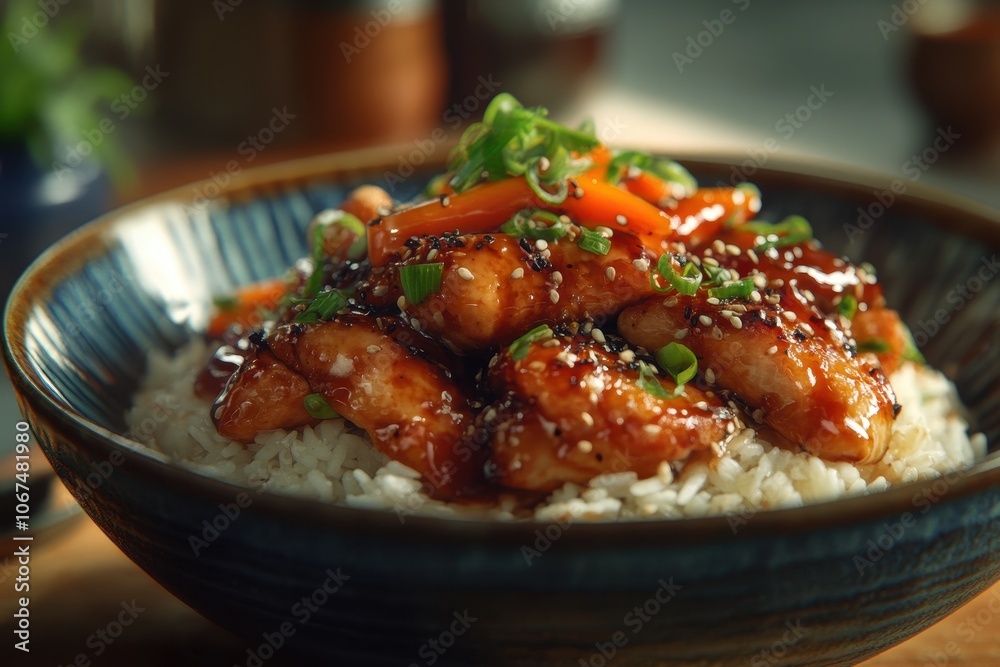 Close up side view of a classic Japanese dish teriyaki chicken with rice Close up side view of a classic Japanese dish teriyaki chicken with rice
