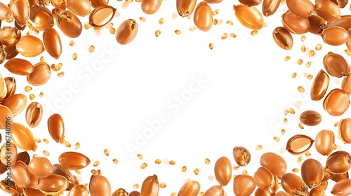 A collection of golden seeds arranged in a frame, ideal for design or natural product presentations.