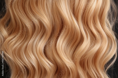 Close up of women s long wavy blonde hair Styled shiny curls and hair treatments