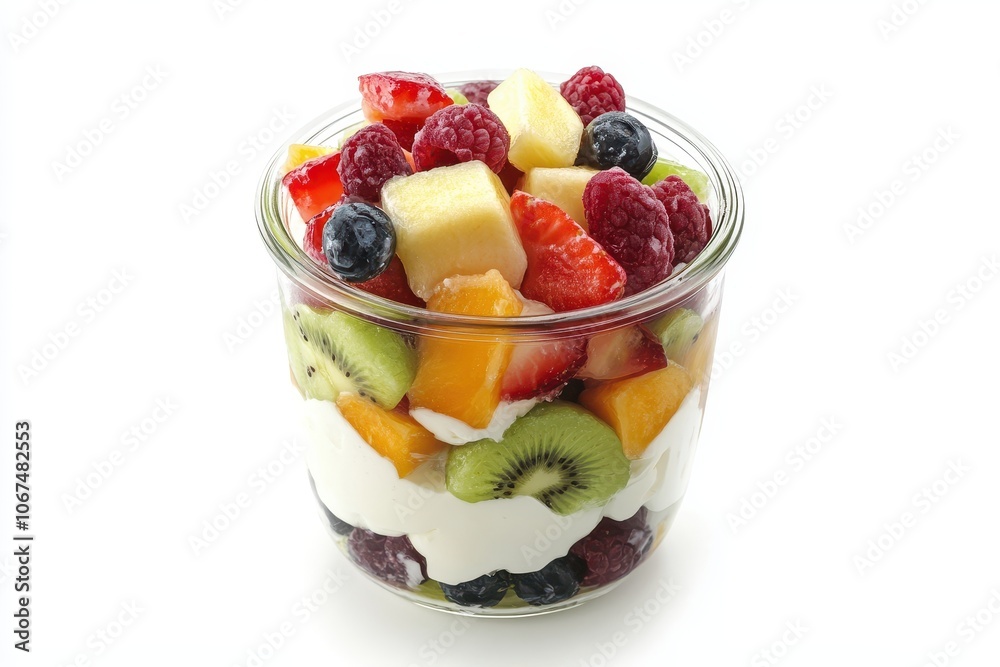 Container of fresh fruit salad topped with white yogurt on a light background Container of fresh fruit salad topped with white yogurt on a light background