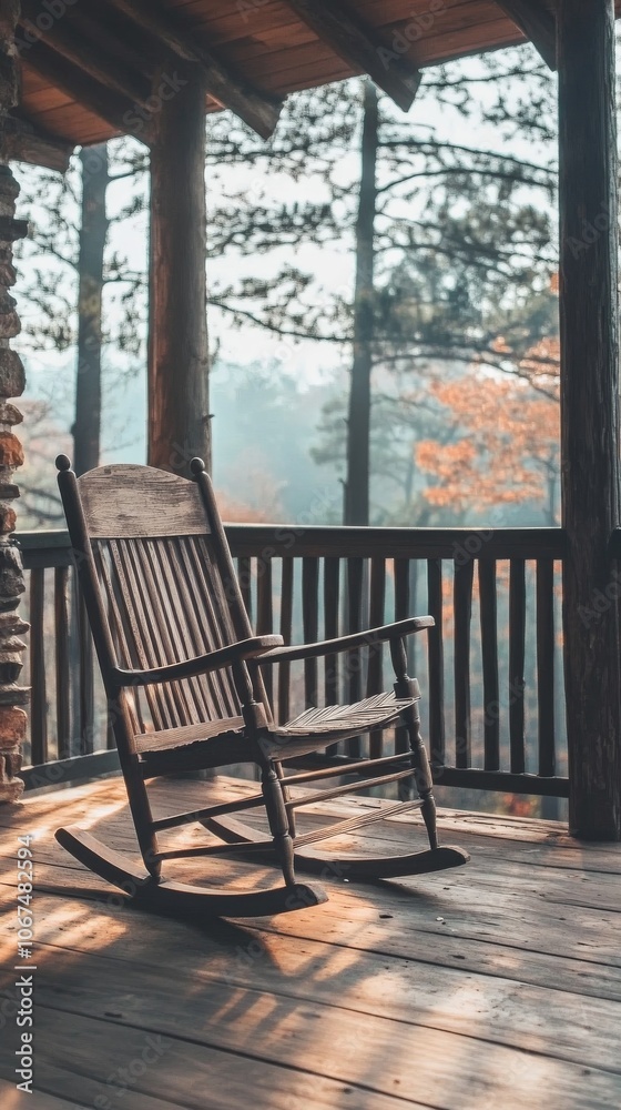Wooden rocking chair is sitting on a porch overlooking a forest Wooden rocking chair is sitting on a porch overlooking a forest