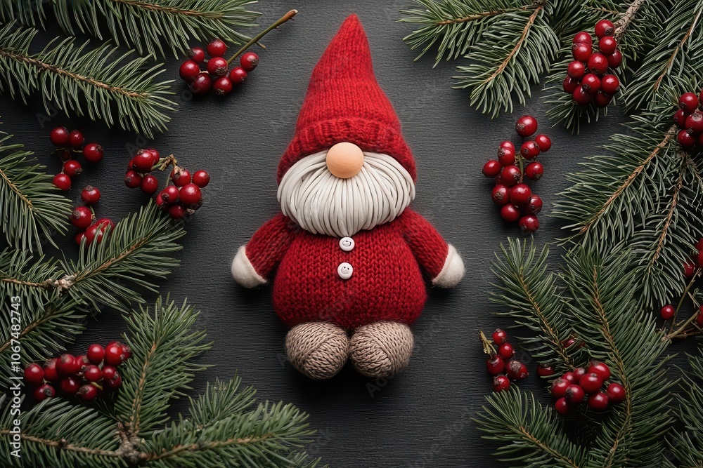 A charming knitted Santa figure surrounded by pine branches and berries, evoking a cozy holiday spirit. A charming knitted Santa figure surrounded by pine branches and berries, evoking a cozy holiday spirit.
