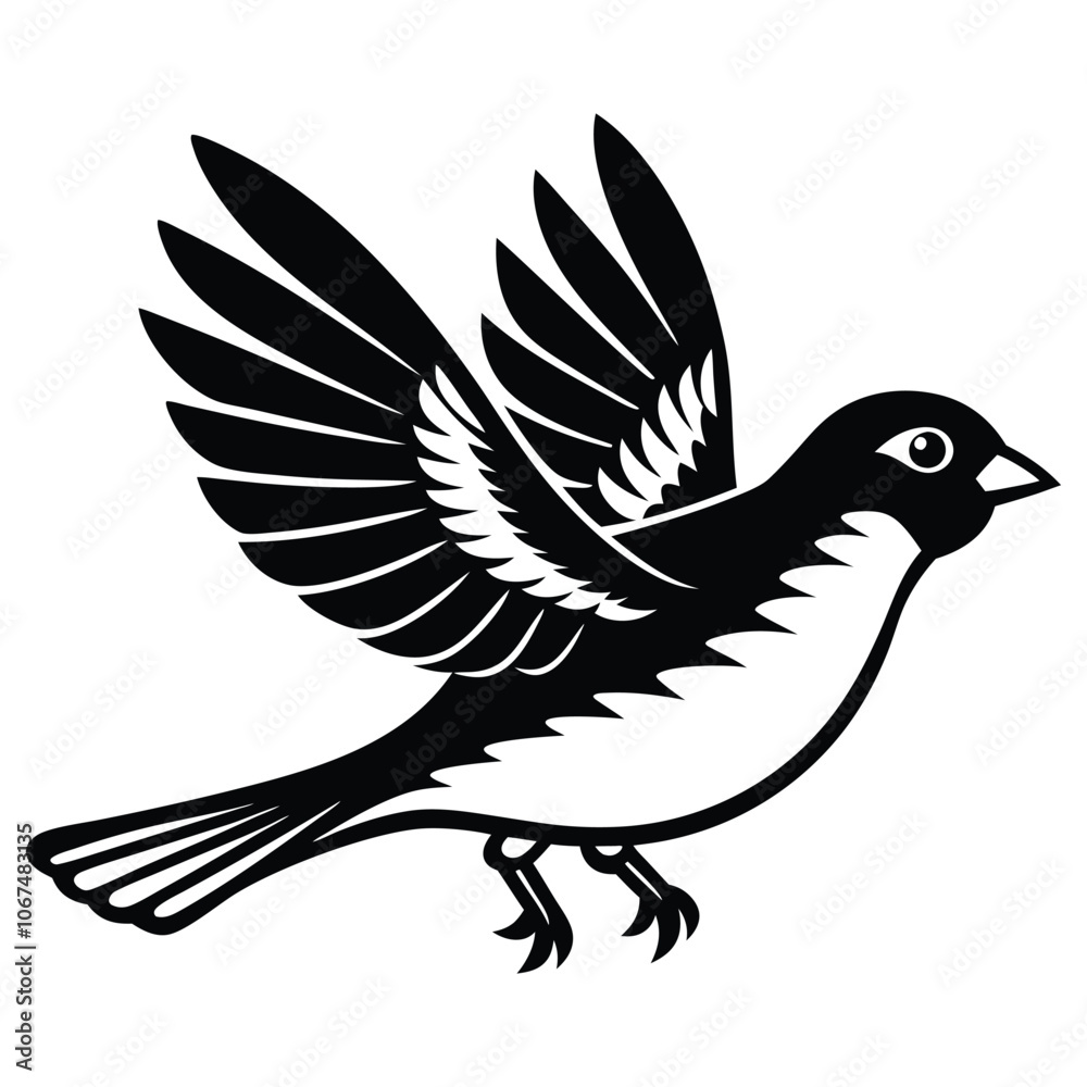 Fototapeta premium Flying sparrow with leg silhouette vector art illustration icon logo