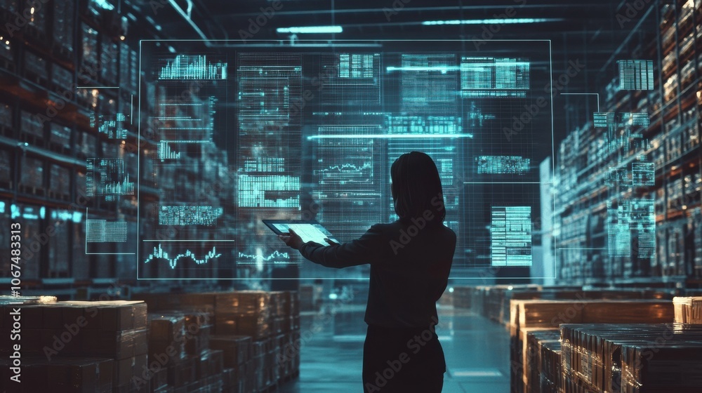 Fototapeta premium Woman overseeing warehouse operations, using technology for inventory tracking, perfect for showcasing business and logistics management