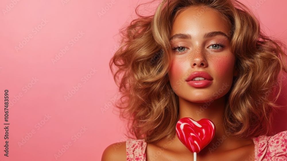 A woman with curly hair and vibrant makeup poses holding a heart-shaped lollipop against a pink backdrop, embodying youthful joy and charm. A woman with curly hair and vibrant makeup poses holding a heart-shaped lollipop against a pink backdrop, embodying youthful joy and charm.