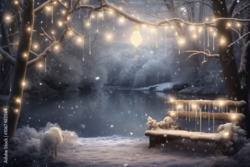 A serene winter landscape features a snowy scene by a peaceful river, adorned with glowing lights and icicles, creating a magical atmosphere