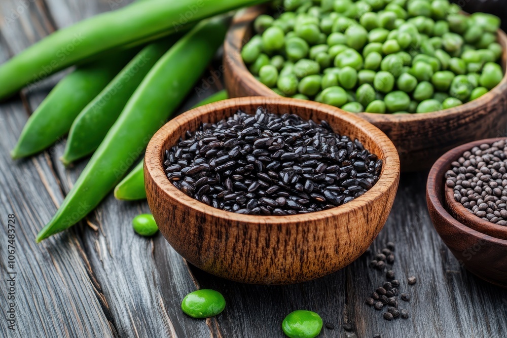 Dark rice with snap peas and veggies on a light wooden surface Toned focused