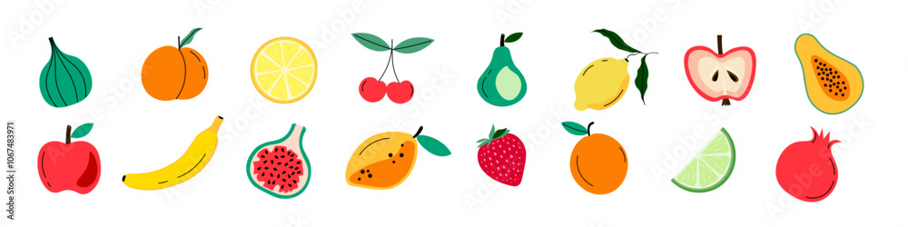 Obraz premium Set of fruits. Flat hand drawn tropical fruits, berries: banana, apples, pears, peach, strawberries, lemon, papaya, cherries, figs. Vector illustration