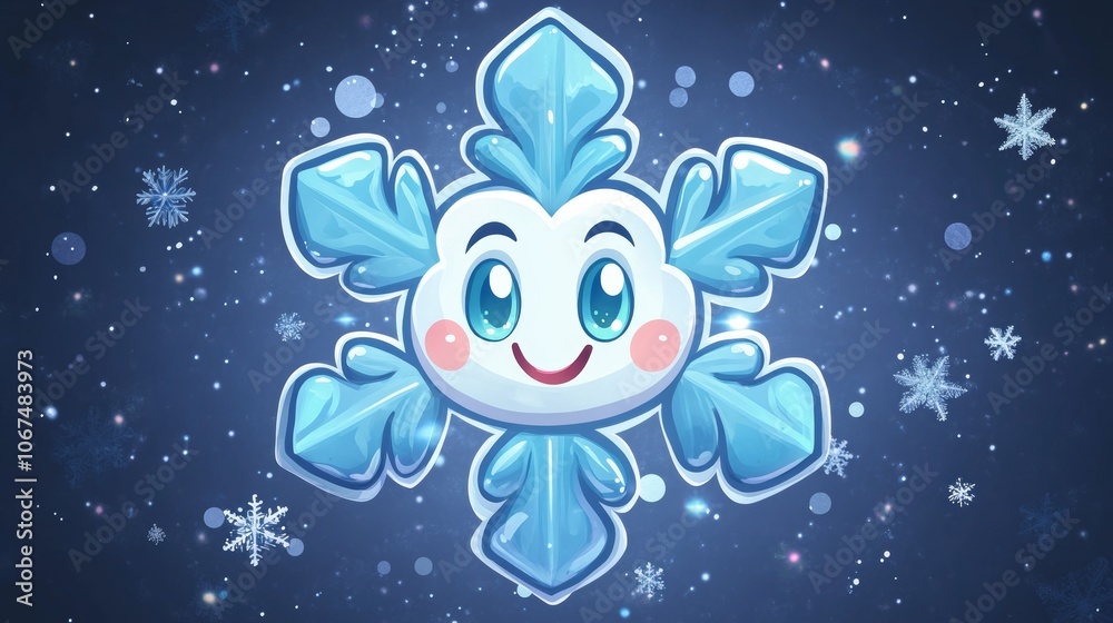 Fototapeta premium A cheerful snowflake character with big eyes and rosy cheeks floats against a snowy backdrop, emphasizing a whimsical and festive atmosphere.