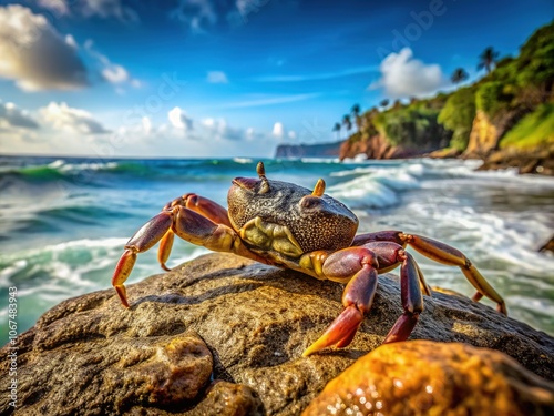 Raw and real: a Sri Lankan ocean crab, photographed on the rocks. photo