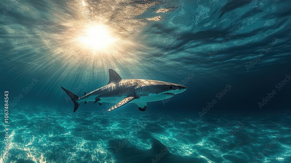 Split View of a Shark Swimming Gracefully in the Ocean Underwater Split View of a Shark Swimming Gracefully in the Ocean Underwater