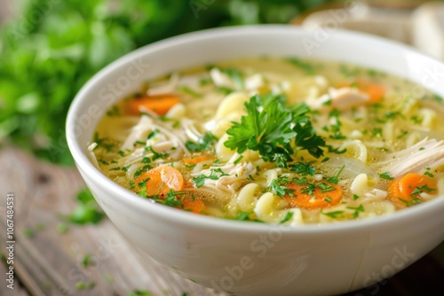 A bowl of comforting chicken noodle soup with fresh parsley, copy space for text