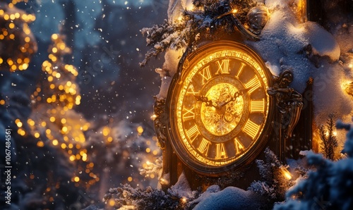 Golden clock covered in snow with glowing lights for a winter holiday scene