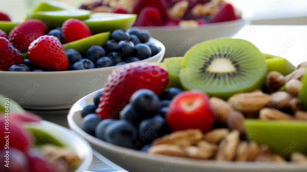 A collection of beautifully arranged fruit bowls features an array of fresh berries, nuts, and vibrant toppings. Each bowl showcases a mix of flavors and textures