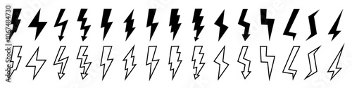 Set of lightning icons. Lightning flash sign in stroke or outline style.  Vector illustration.